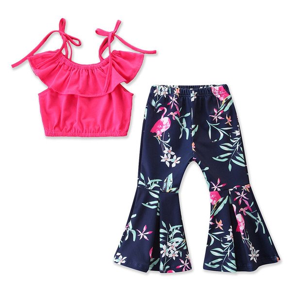 2019 summer new children's clothing European and American style girls solid color sling tops + floral bell bottom pants two sets