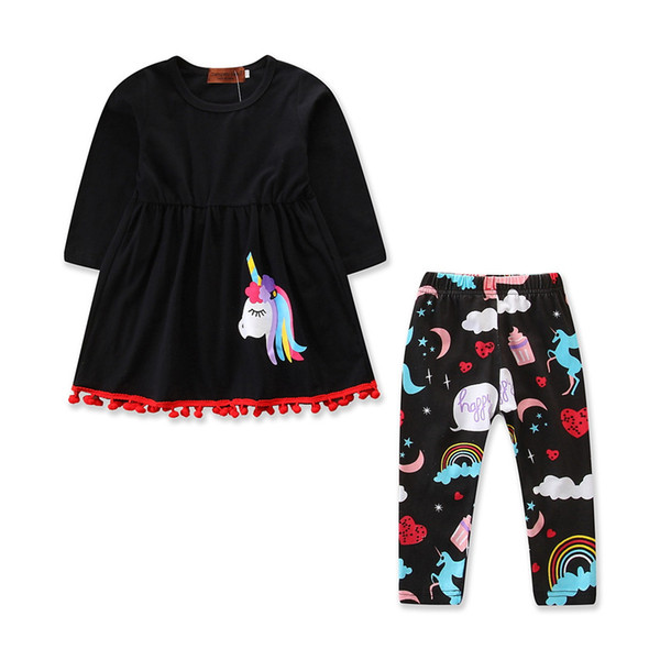 New children's clothing set girls casual cartoon unicorn black long-sleeved T-shirt + trousers cotton spring and autumn children's suit