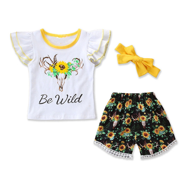 2019 new children's clothes European and American style summer girls flying sleeves white printing T-shirt + chrysanthemum shorts two-piece