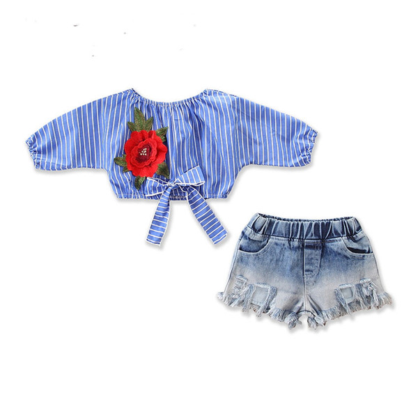 Fashion personality summer new girls striped flower belly navel shirt + hole shorts