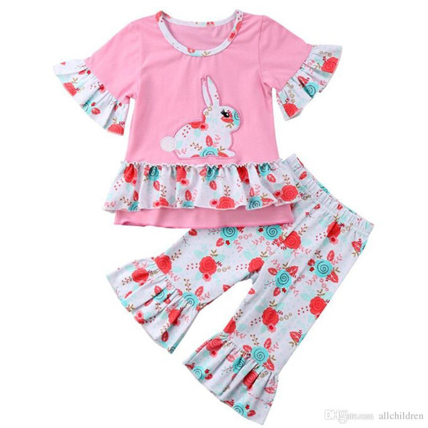 Fashion Toddler Kids Baby Girls Outfits Clothes Short Sleeve Rabbit T-shirt Top Dress+Ruffle Floral Flare Pants 2PCS