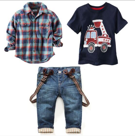 2019 new children's clothing handsome boy car printing short-sleeved T-shirt + plaid long-sleeved shirt + jeans three-piece