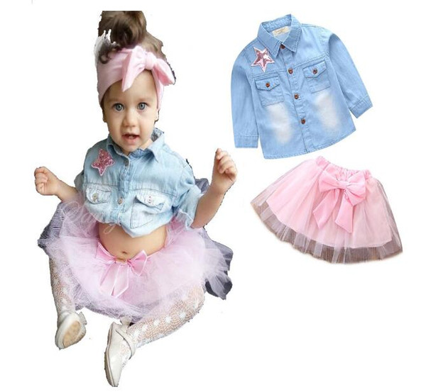 New children's clothing set baby fashion explosion models girls five-pointed star sequins denim shirt + pink bow tutu