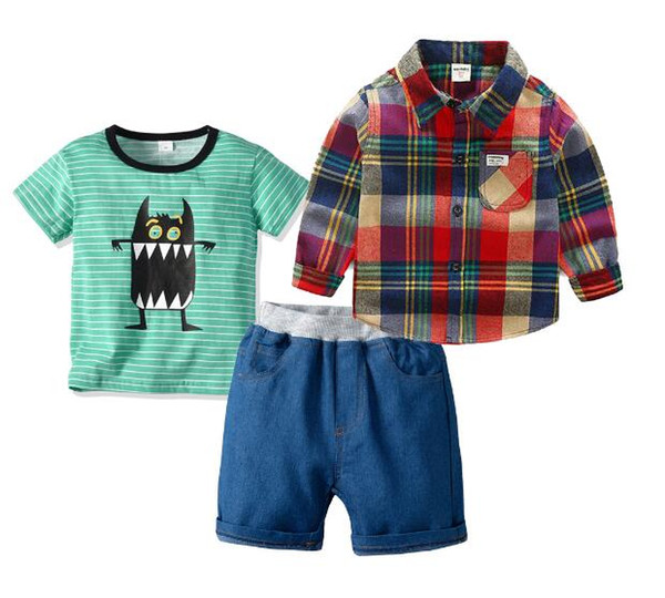 Europe and the United States new suit children's clothing boy short-sleeved striped T-shirt plaid long-sleeved shirt denim shorts three-piec