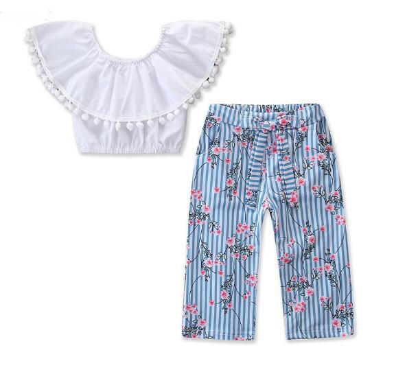 New children's clothing set girls fashion explosion ball ball white word shoulder shirt + floral wide leg pants