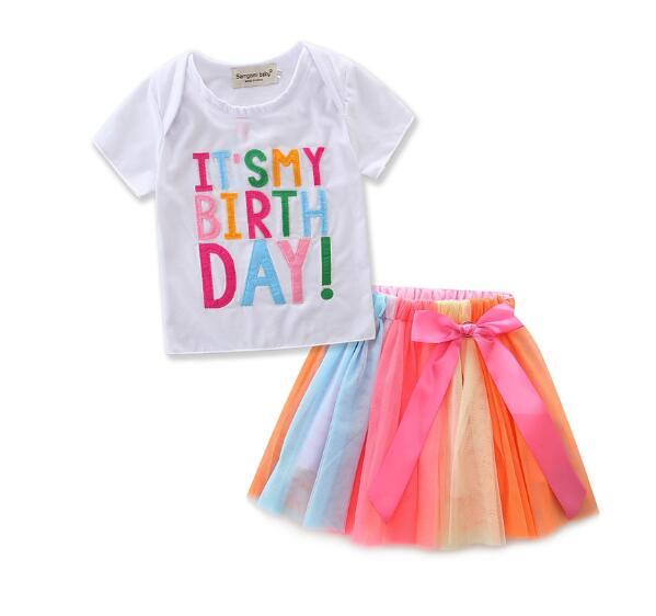 New children's clothing set girls long sleeves (short sleeves) white T-shirt + rainbow cake mesh skirt two-piece