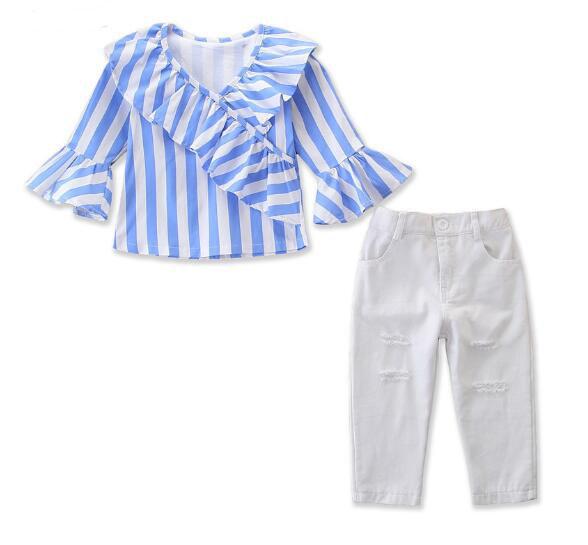 New children's clothing set girls heart-shaped neckline striped lace trumpet sleeve shirt + pure white hole trousers two-piece