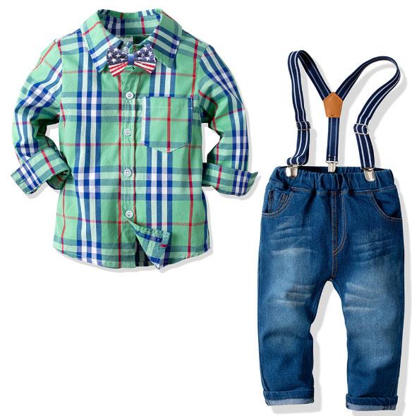 New boys cotton plaid long-sleeved shirt stretch denim trousers back lead four-piece suit gentleman dress