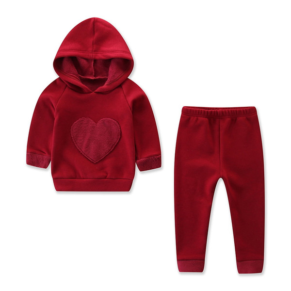 Europe and the United States spring and autumn baby children's clothing girls hooded plus velvet red love hooded sweater + trousers two-piec