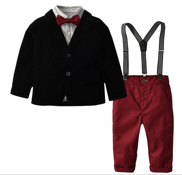 New children's suit boys suit jacket + strap trousers + long-sleeved shirt + bow tie dress suit