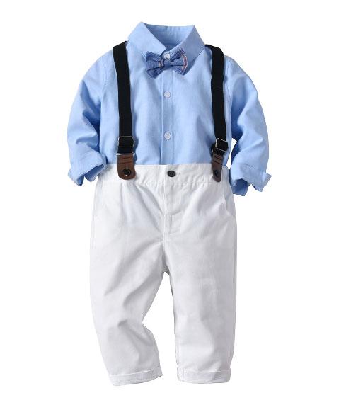 Spring and Autumn Solid Color Boy Long Sleeve Blue Shirt Plus Bow Tie White Pants Strap Four Piece Set Gentleman Set