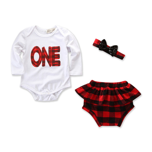 2019 summer new baby girl letters one white long-sleeved jumpsuit + plaid skirt + bow headdress three-piece