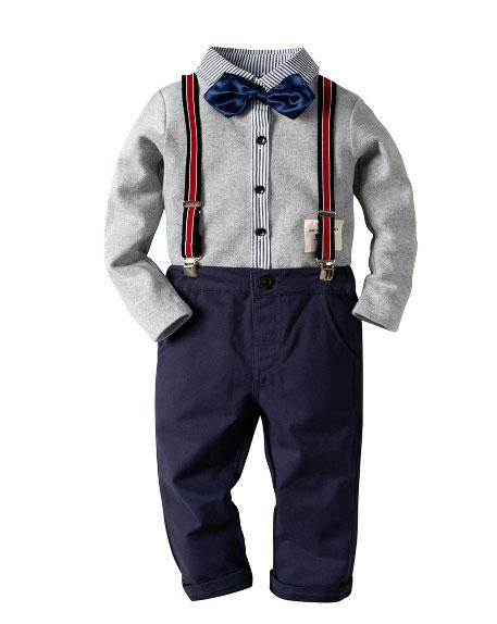 New Boys Handsome Gray Long Sleeve Contrast Stripe Collar Shirt Bib Pants Gentleman Set