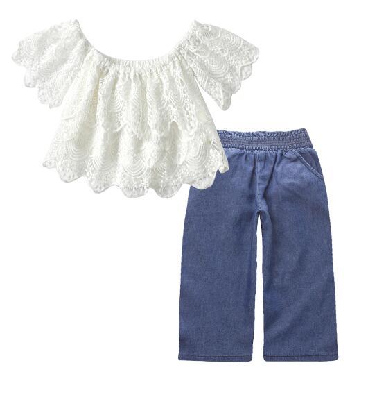 2019 new children's clothes summer children's clothing European and American girls lace tops + denim straight pants suit