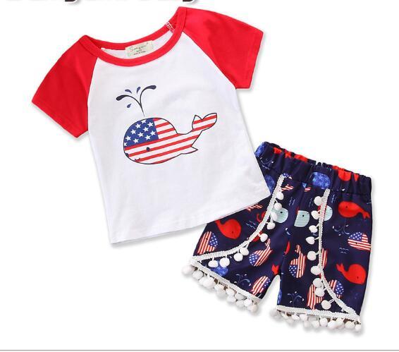 New children's suit summer explosion models children's casual short-sleeved whale / love T-shirt + ball shorts two-piece