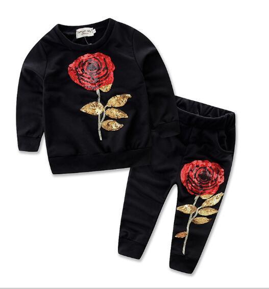 New children's clothing spring and autumn European and American girls long-sleeved suit 2 color black / white rose two-piece