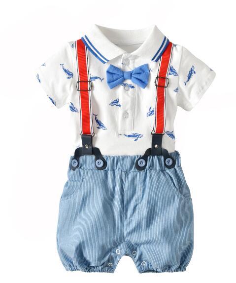 Summer Boy Short Sleeve Romper Shorts Set Cotton Whale Print Jumpsuit Two Piece Set