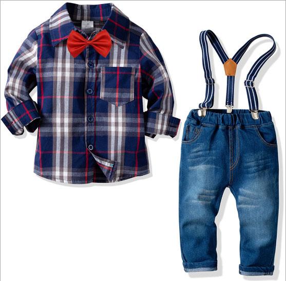 6pcs/Lot New boys cotton plaid long-sleeved shirt stretch denim trousers back lead four-piece suit gentleman dress