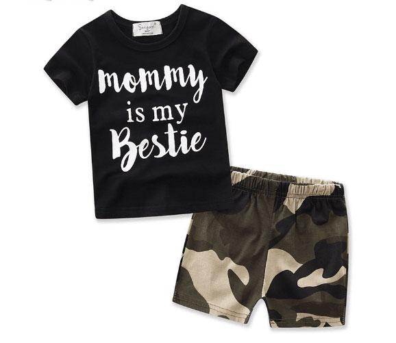 New children's children's two-piece boy summer casual black color letter print short-sleeved T-shirt + camouflage shorts suit