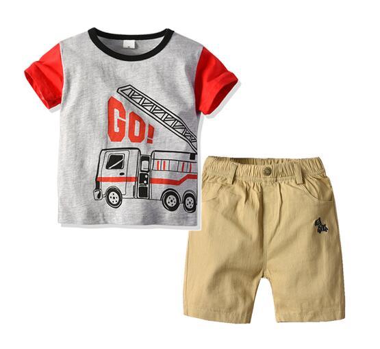 New children's clothing short-sleeved suit cotton round neck hit color fire truck printing short-sleeved boy woven shorts two-piece