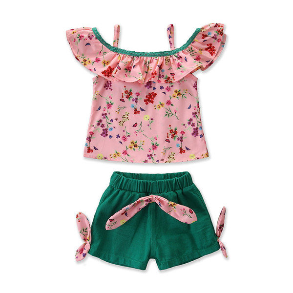 2019 summer new children's clothing girls suit ladies wind floral sling jacket + green shorts two-piece suit