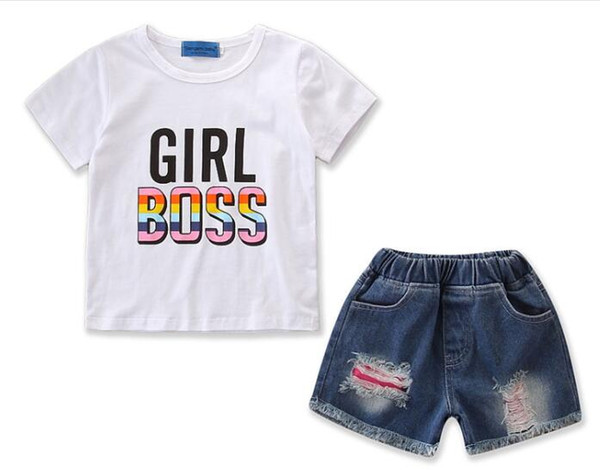 New children's clothing suit boys summer casual letter printing white short-sleeved T-shirt + hole denim shorts two-piece