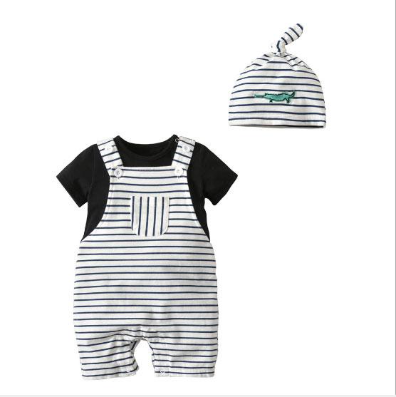 Children's suit European and American boys bow tie round neck T-shirt striped bib hat hat gentleman three-piece T-shirt + bib + hat