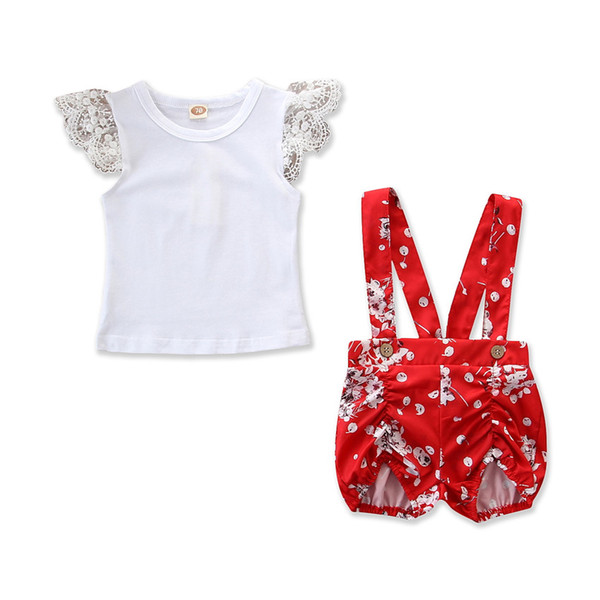 New children's clothing set girls lace flying sleeves white T-shirt + red national wind floral strap shorts two-piece suit