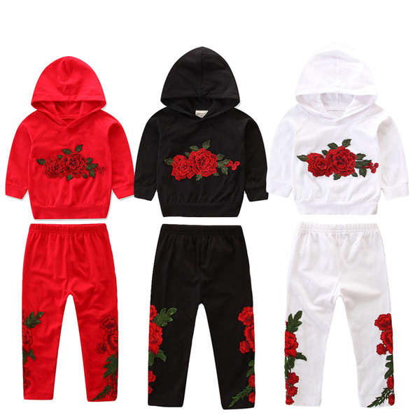 New children's clothing set European and American style spring and autumn explosion models girls 3 color flower embroidery hooded long-sleev