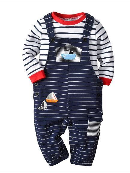 Summer baby suit new children's clothing boy striped cotton hit color hammock sailing embroidery strap jumpsuit suit