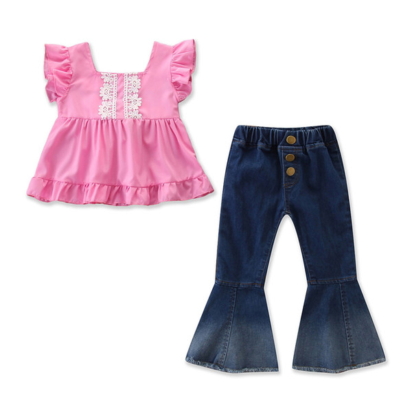 2019 summer new children's clothing girls suits foreign pink pink sleeve shirt + denim flare pants casual wind two-piece suit