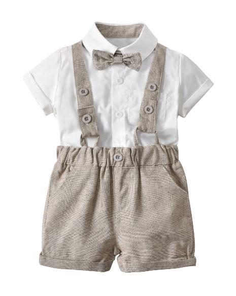 Children's Wear Summer New Infant Boys Gentleman Bow Tie Bib Set White shirt + bow tie + strap shorts three-piece suit