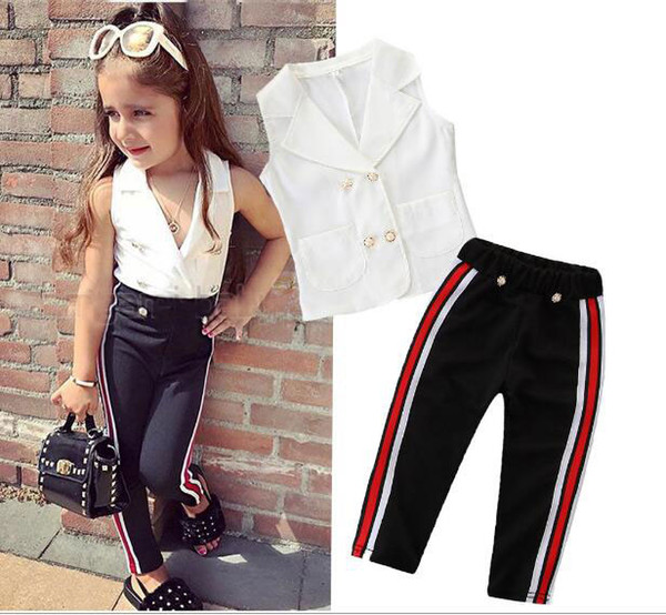 2019 summer fashion new children's suit European and American fashion girls white sleeveless vest top + black vertical pants suit