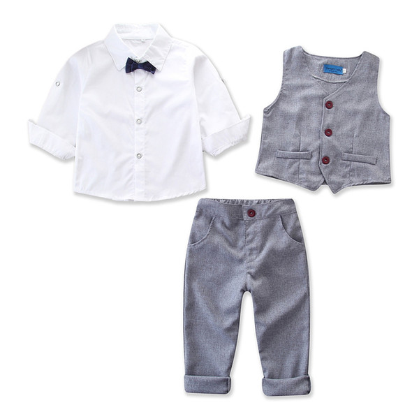 2019 summer new boy solid color gentleman college wind suit white bow tie short-sleeved shirt + vest vest + pants