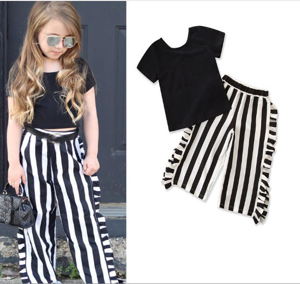 New children's clothing set girls fashion black short T-shirt + striped fungus wide-leg pants