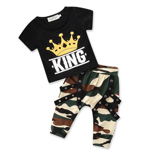 New children's suit European and American style boy black letter crown short-sleeved T-shirt + camouflage trousers casual two-piece