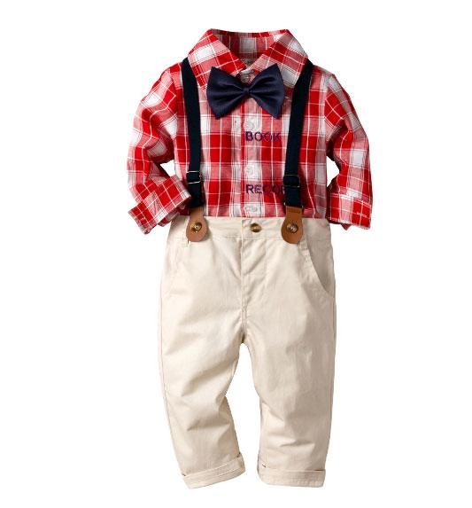 Children's suits boys red plaid long-sleeved bow tie shirt bib gentleman suit