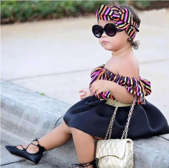 Summer Explosion Children's Set Children's Wear Girls Color Striped One-Shoulder Top + Black Bow Short Skirt + Headwear Three-Piece Set