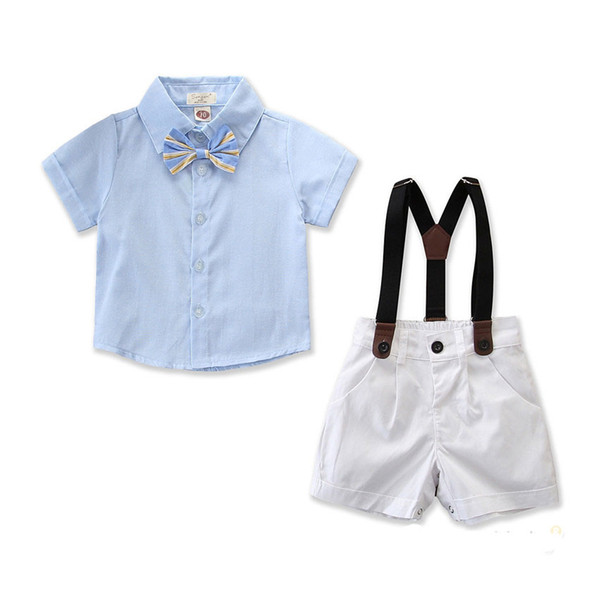 2019 summer new baby clothes boy baby gentleman set two-piece blue short-sleeved T-shirt + white strap shorts