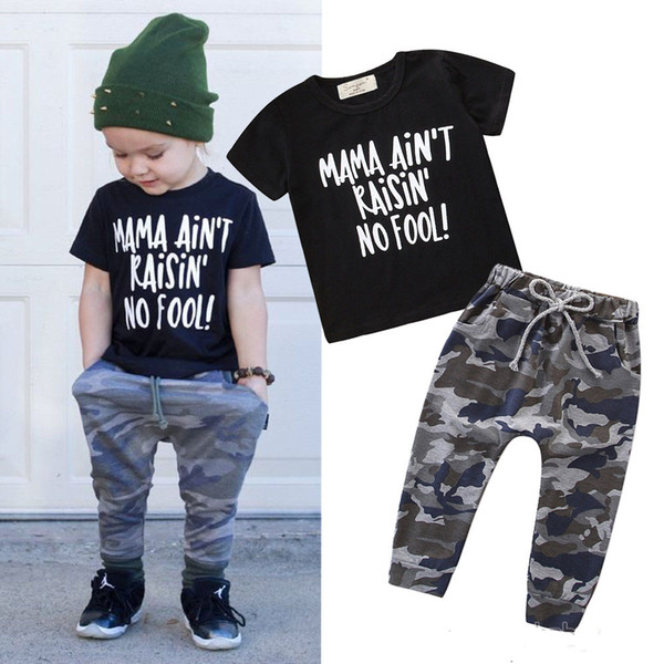 2019 Summer New Casual Set Boy Black Short Sleeve Letter Print T-Shirt + Camouflage Pants Set