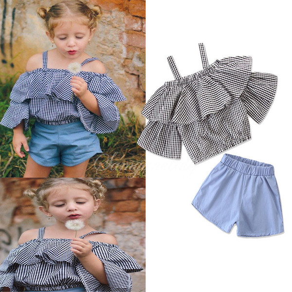 Summer new children's fashion girls short-sleeved one shoulder strap plaid shirt + shorts two-piece suit