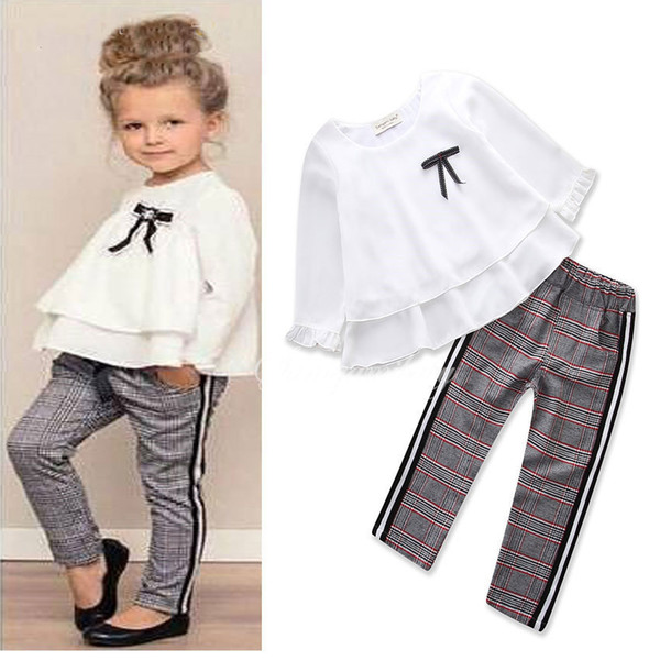 New children's clothing set spring and autumn solid color girls long-sleeved chiffon shirt + pants suit