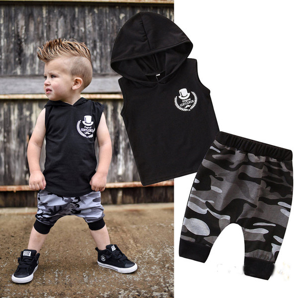 2019 summer new children's clothing boy's cotton casual sports suit black sleeveless hooded T-shirt + camouflage pants