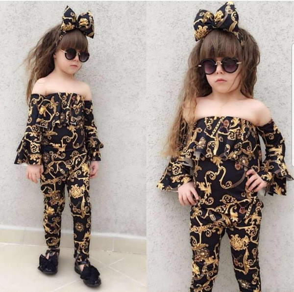 2019 summer new children's clothing girl gold print pattern word shoulder suit tube top shirt + bow headdress + trousers