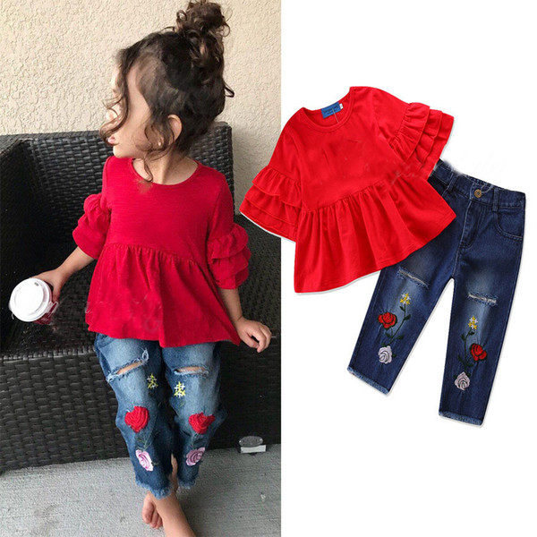 2019 new children's clothing girls red round neck sleeves shirt + embroidered hole jeans suit