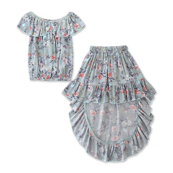 2019 new children's clothing spring explosion models girls sleeveless word shoulder floral shirt + floral skirt two-piece