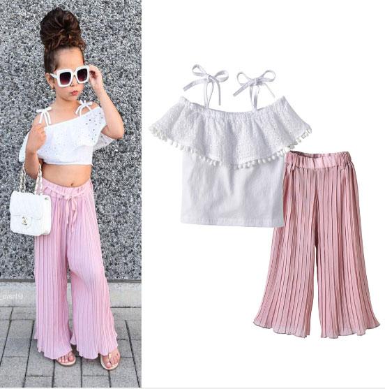 Girls suit summer new Korean children's clothing white sling one word shoulder coat powder wide leg pants suit set