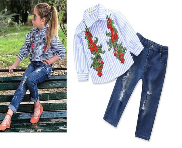 New children's clothing set European and American style girls embroidery flowers vertical stripes long-sleeved shirt + hole jeans two-piece