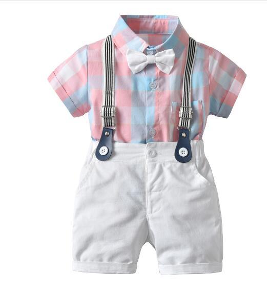 Summer baby suit boy gentleman dress plaid bow tie robes short sleeve jumpsuit strap shorts