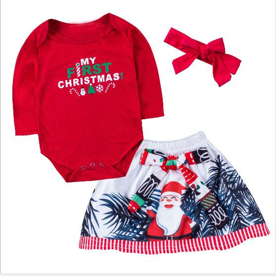 Infant Children's Wear Set Girls Christmas Three-piece Long Sleeve Romper + Headwear + Short Skirt